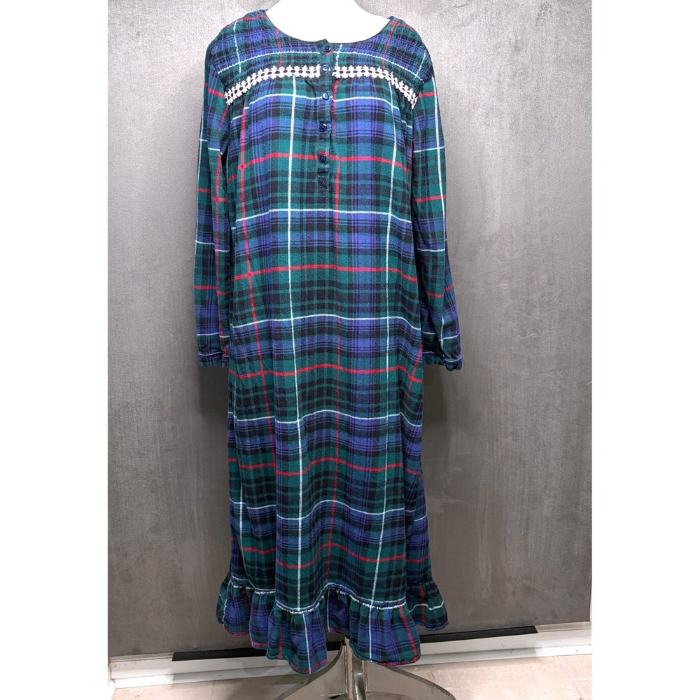 Laura Scott Nightgown Womens L Blue Plaid Cotton Ruffle Trim Granny Sleepwear
